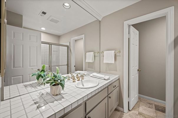 Bathroom, Glass Shower, Interior, Recessed Lighting, Tile Countertops