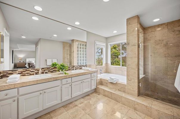 Bathroom, Dual Sink Vanities, Glass Shower, Interior, Recessed Lighting