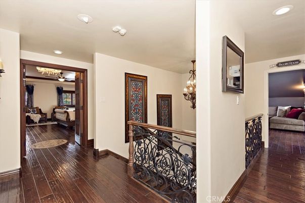 Bedroom, Chandelier, Interior, Recessed Lighting, Wood Texture Flooring