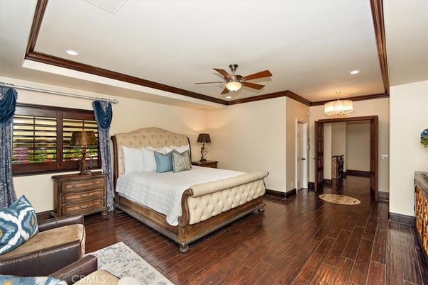 Bedroom, Chandelier, Interior, Recessed Lighting, Wood Texture Flooring