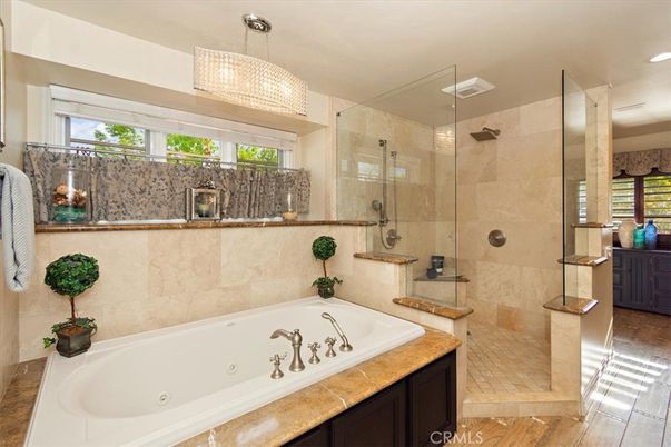 Bathroom, Glass Shower, Interior, Pendant Lights, Recessed Lighting, Wood Texture Flooring