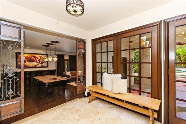 Billiard Table, Game Room, Interior, Pendant Lights, Recessed Lighting, Wood Texture Flooring