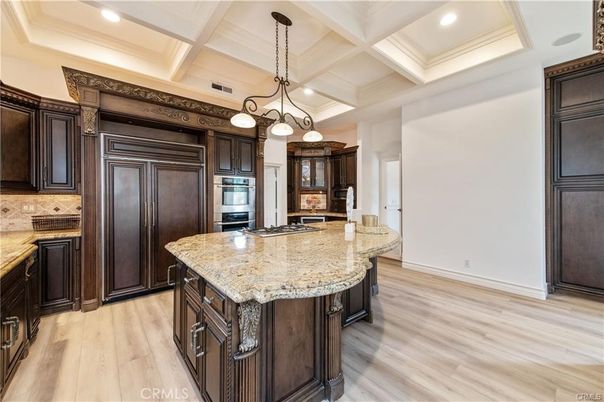 Chandelier, Interior, Kitchen, Pendant Lights, Recessed Lighting, Stainless Steel Appliances, Wood Texture Flooring
