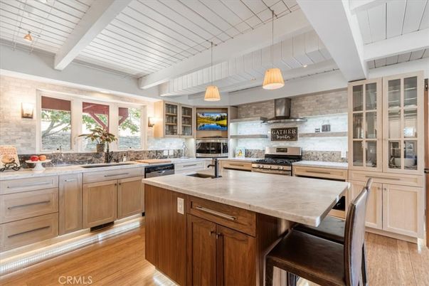Interior, Kitchen, Pendant Lights, Stainless Steel Appliances, Stone Walls, Wood Texture Flooring