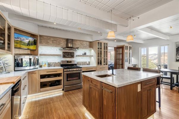 Interior, Kitchen, Pendant Lights, Stainless Steel Appliances, Stone Walls, Wood Texture Flooring