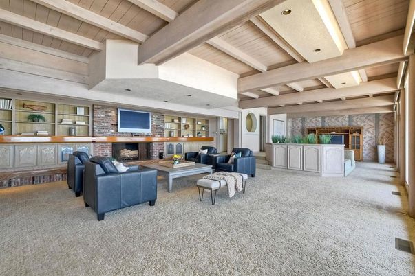 Fireplace, Interior, Living room, Recessed Lighting, Stone Walls, Wooden Beams, Wooden Ceilings