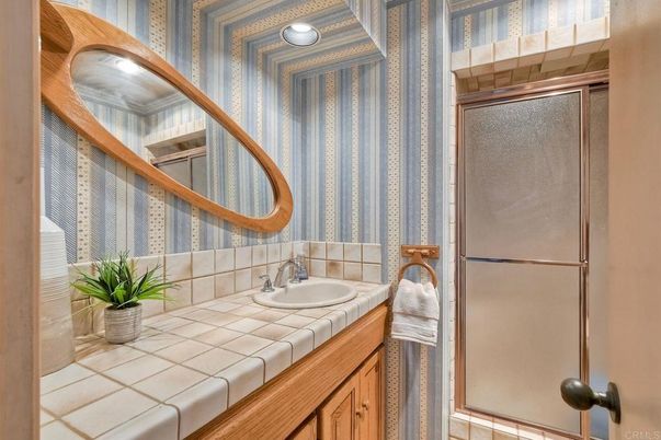 Bathroom, Glass Shower, Interior, Recessed Lighting, Tile Countertops