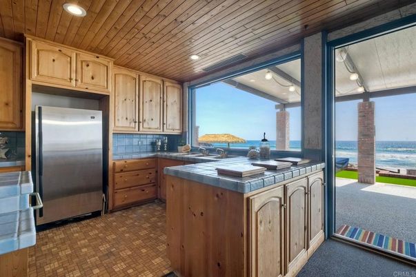 Interior, Kitchen, Recessed Lighting, Stainless Steel Appliances, Tile Countertops, Water, Wooden Ceilings