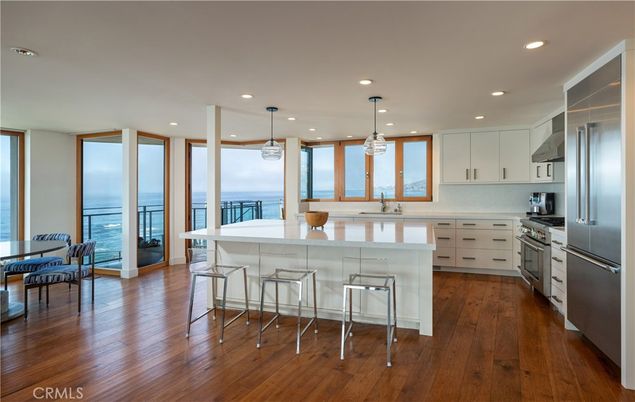 Interior, Kitchen, Pendant Lights, Recessed Lighting, Stainless Steel Appliances, Water, Wood Texture Flooring