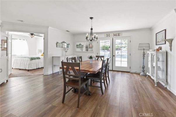 Chandelier, Dining room, Interior, Wood Texture Flooring