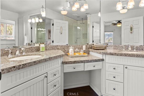 Bathroom, Dual Sink Vanities, Glass Shower, Interior, Wood Texture Flooring