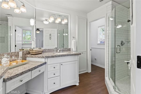 Bathroom, Dual Sink Vanities, Glass Shower, Interior, Wood Texture Flooring