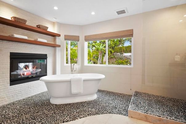 Bathroom, Fireplace, Free Standing Baths, Glass Shower, Interior, Recessed Lighting