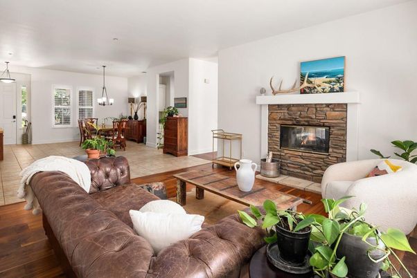 Dining room, Fireplace, Interior, Living room, Pendant Lights, Wood Texture Flooring