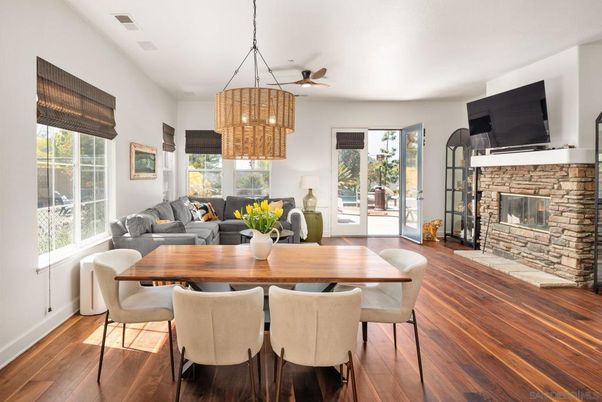 Chandelier, Dining room, Fireplace, Interior, Living room, Pendant Lights, Wood Texture Flooring