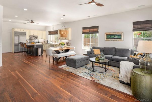 Dining room, Interior, Kitchen, Living room, Pendant Lights, Recessed Lighting, Stainless Steel Appliances, Wood Texture Flooring