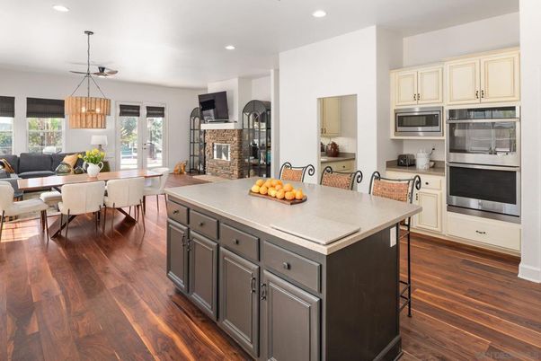 Dining room, Fireplace, Interior, Kitchen, Pendant Lights, Recessed Lighting, Wood Texture Flooring