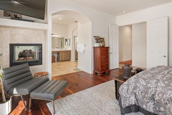 Bathroom, Fireplace, Interior, Recessed Lighting, Wood Texture Flooring