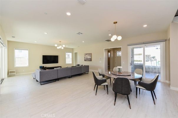 Dining room, Interior, Living room, Pendant Lights, Recessed Lighting, Wood Texture Flooring