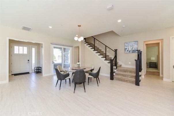 Dining room, Interior, Pendant Lights, Recessed Lighting, Wood Texture Flooring