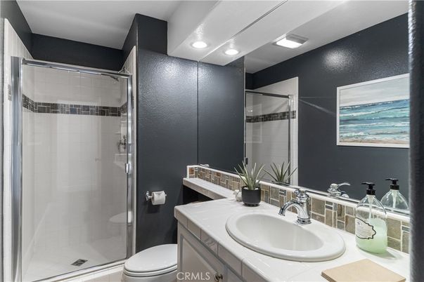 Bathroom, Glass Shower, Interior, Recessed Lighting, Tile Countertops