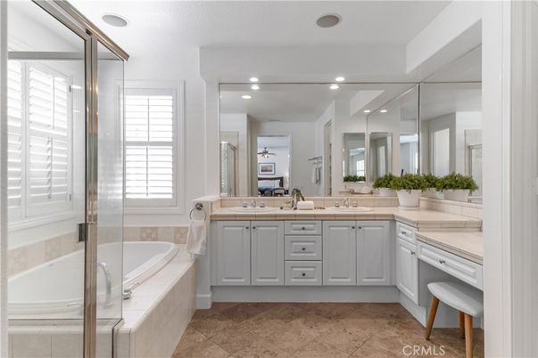 Bathroom, Dual Sink Vanities, Glass Shower, Interior, Recessed Lighting
