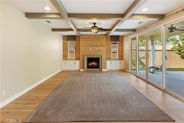 Empty room, Fireplace, Interior, Recessed Lighting, Wooden Beams, Wood Texture Flooring