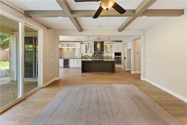 Interior, Kitchen, Pendant Lights, Recessed Lighting, Stainless Steel Appliances, Wooden Beams, Wood Texture Flooring