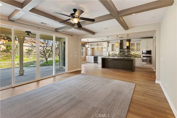 Interior, Kitchen, Pendant Lights, Recessed Lighting, Stainless Steel Appliances, Wooden Beams, Wood Texture Flooring