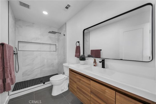 Bathroom, Glass Shower, Interior, Marble Walls, Recessed Lighting