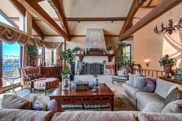 Chandelier, Fireplace, Interior, Living room, Water, Wooden Beams