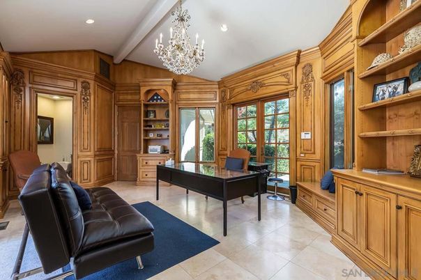 Chandelier, Home Office, Interior, Recessed Lighting, Wooden Walls
