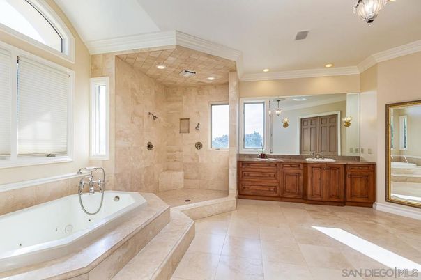 Bathroom, Dual Sink Vanities, Glass Shower, Interior, Pendant Lights, Recessed Lighting