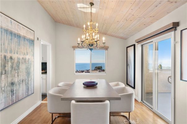 Chandelier, Dining room, Interior, Water, Wooden Ceilings, Wood Texture Flooring