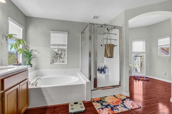 Bathroom, Glass Shower, Interior, Wood Texture Flooring