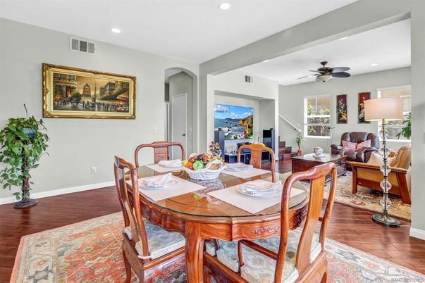 Dining room, Interior, Living room, Recessed Lighting, Wood Texture Flooring