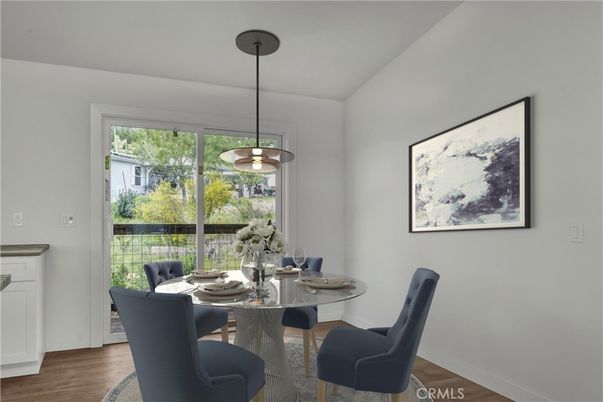 Dining room, Interior, Pendant Lights, Wood Texture Flooring