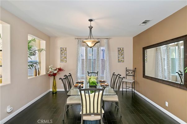 Dining room, Interior, Pendant Lights, Wood Texture Flooring
