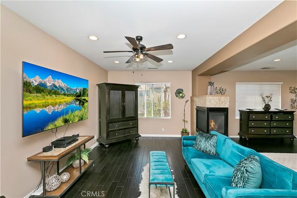Fireplace, Interior, Living room, Recessed Lighting, Wood Texture Flooring