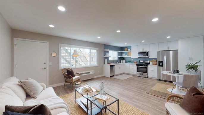 Dining room, Interior, Kitchen, Living room, Recessed Lighting, Stainless Steel Appliances, Wood Texture Flooring