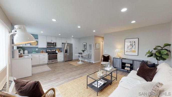 Interior, Kitchen, Living room, Recessed Lighting, Stainless Steel Appliances, Wood Texture Flooring