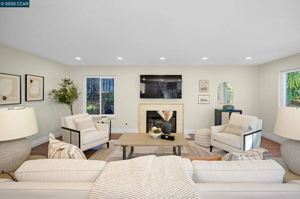 Fireplace, Interior, Living room, Recessed Lighting, Wood Texture Flooring