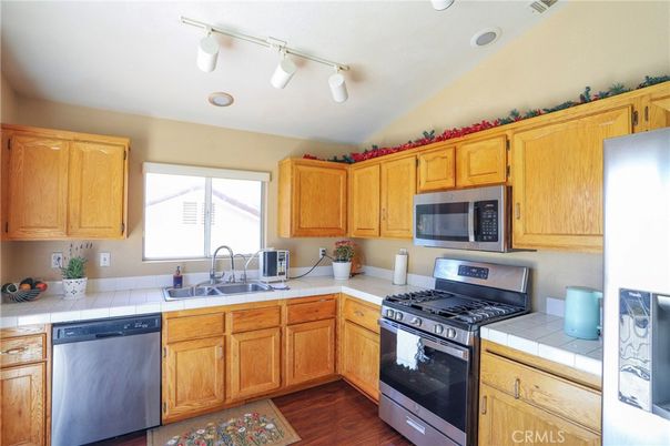 Interior, Kitchen, Tile Countertops, Wood Texture Flooring
