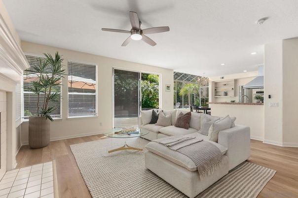 Fireplace, Interior, Kitchen, Living room, Recessed Lighting, Wood Texture Flooring
