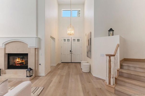 Fireplace, Interior, Pendant Lights, Wood Texture Flooring