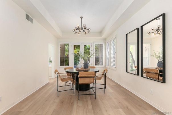 Chandelier, Dining room, Interior, Wood Texture Flooring