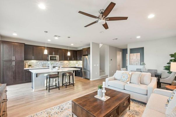Interior, Kitchen, Living room, Pendant Lights, Recessed Lighting, Stainless Steel Appliances, Wood Texture Flooring