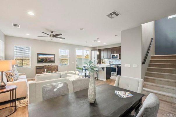 Dining room, Interior, Kitchen, Living room, Pendant Lights, Recessed Lighting, Stainless Steel Appliances, Wood Texture Flooring