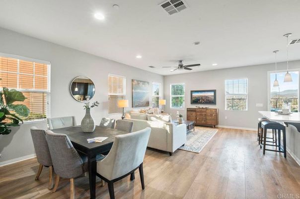Dining room, Interior, Living room, Pendant Lights, Recessed Lighting, Wood Texture Flooring