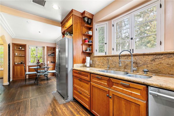 Dining room, Interior, Kitchen, Recessed Lighting, Stainless Steel Appliances, Wood Texture Flooring